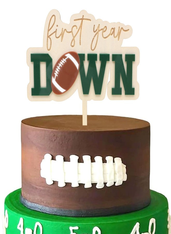 Jissoo First Year Down Wooden Cake Topper,Football 1st Birthday Party Decorations,Sports One Birthday Wood Cake Topper,Little Footballer Smash Cake Photo Props (First Year Down Wooden) - Image 1